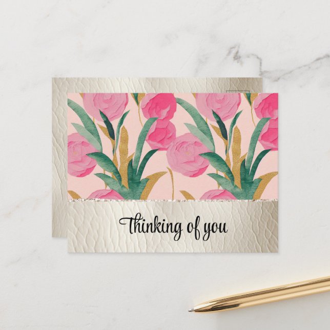 Carte Postale Fleurs roses et Faux crème en cuir (Devant/Arrière en situation)