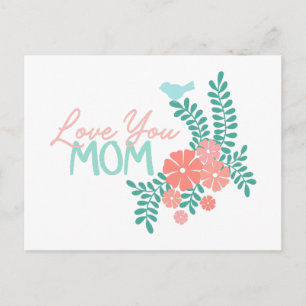 Carte Postale Fleurs roses et oiseaux bleus vous aiment texte ma