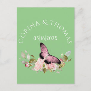 Carte Postale Fleurs roses et papillon sur Mariage vert