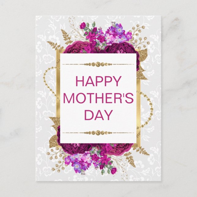 Carte Postale Fleurs roses foncées et violettes Fête des mères (Devant)