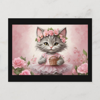 Carte Postale Fleurs roses Kitten en robe