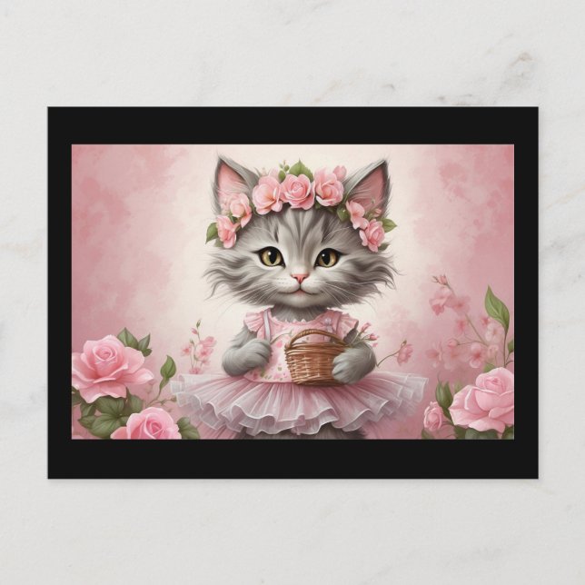 Carte Postale Fleurs roses Kitten en robe (Devant)