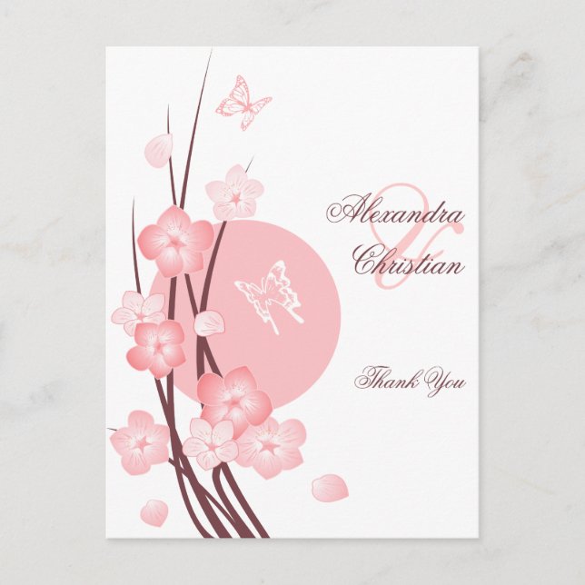 Carte Postale Fleurs roses Merci papillon (Devant)