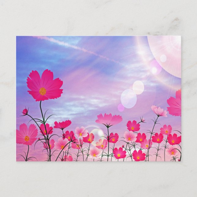 Carte Postale Fleurs roses mignonnes Bleu Ciel soleil brillant F (Devant)