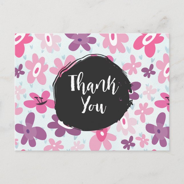 Carte Postale Fleurs roses Whimsical Retro Merci Motif (Devant)