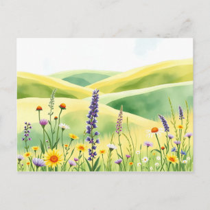 Carte Postale Fleurs sauvages d'aquarelle et collines de prairie