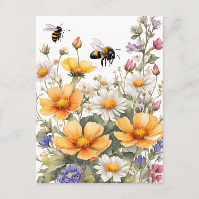 Carte Postale Fleurs sauvages et Abeilles de miel Aquarelle (Devant)