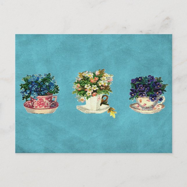 Carte Postale Fleurs Vintage dans des Tasses (Devant)