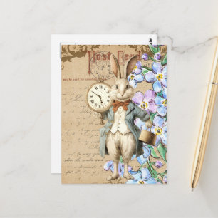 Carte Postale Fleurs vintage et collage de lapin blanc