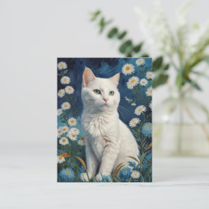 Carte Postale Fleurs vintages de chats blancs Portrait bleu Van 