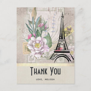 Carte Postale Fleurs vintages, Tour Eiffel et Merci Burlap