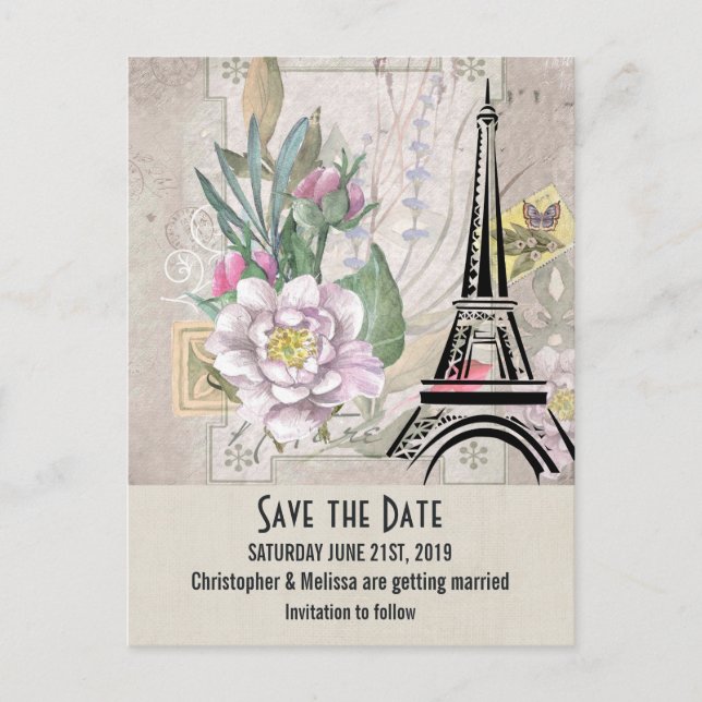 Carte Postale Fleurs vintages, Tour Eiffel Sauvez la date (Devant)
