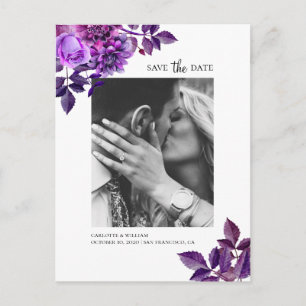 Carte Postale Fleurs violettes à l'aquarelle. Enregistrez la dat