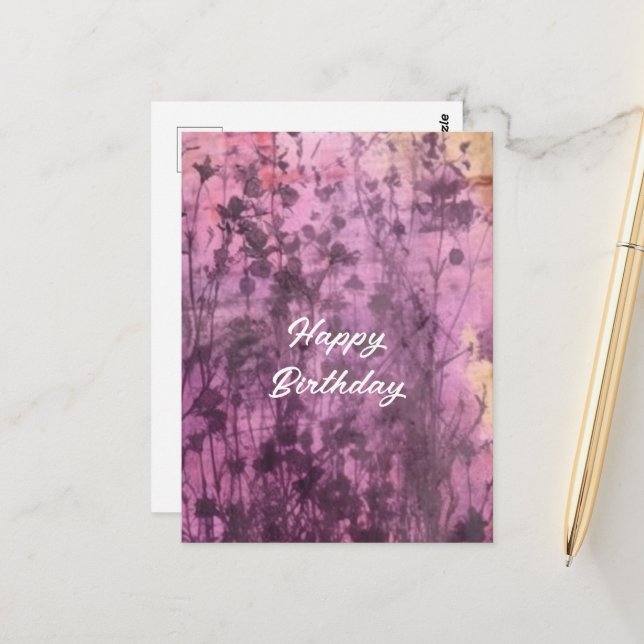 Carte Postale Fleurs violettes abstraites Anniversaire Aquarelle (Devant/Arrière en situation)