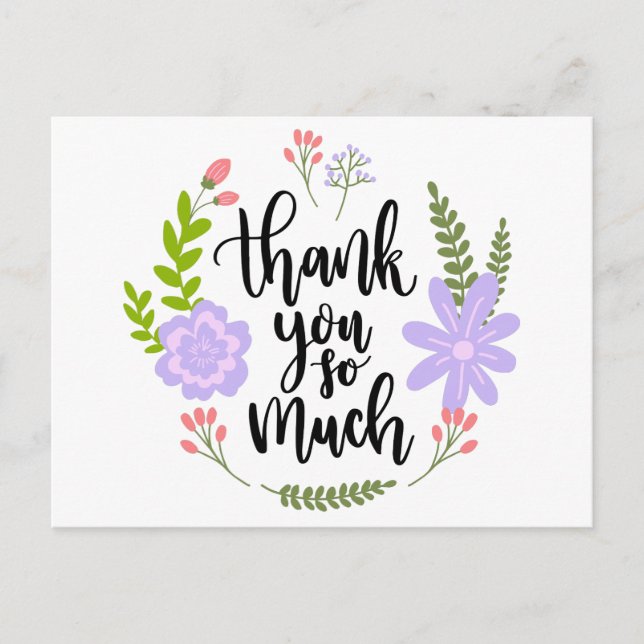 Carte Postale Fleurs violettes de Merci floral et Feuilles verts (Devant)