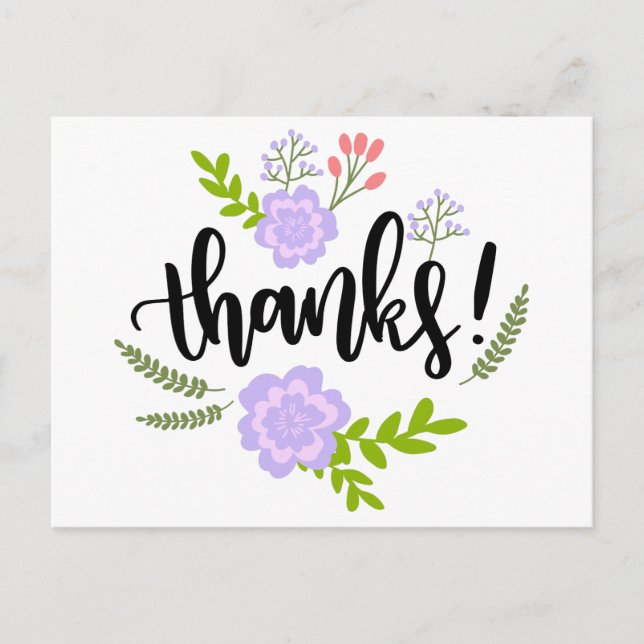 Carte Postale Fleurs violettes de Merci floral et Feuilles verts (Devant)