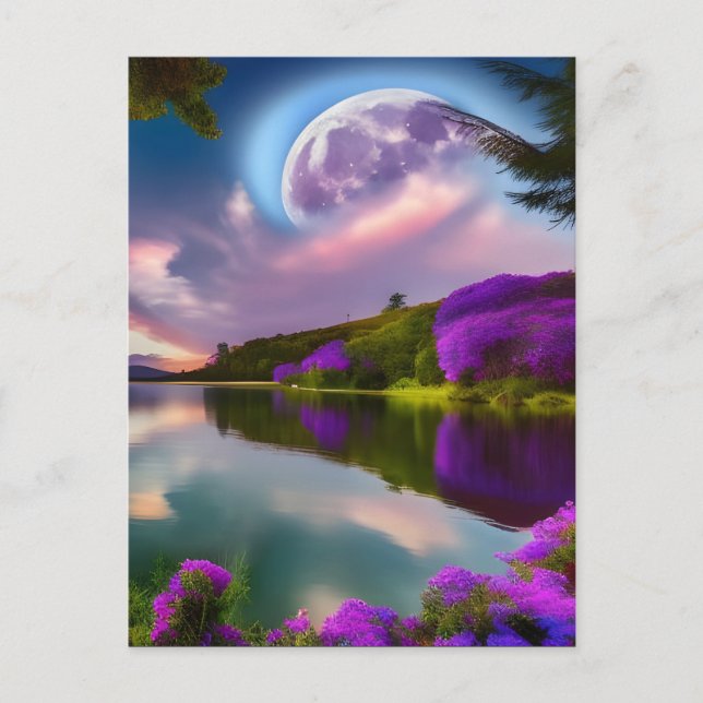 Carte Postale Fleurs violettes Lune et reflet du lac (Devant)