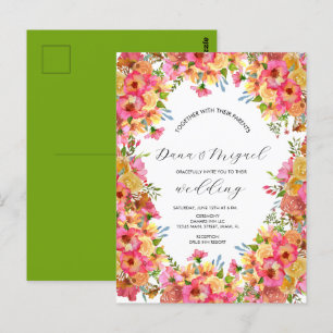 Carte Postale Fleurs vives mariage aquarelle couleur rose 