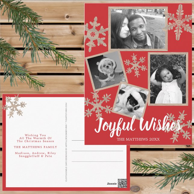 Carte Postale Flocon de neige rustique rouge moderne 4 Photo Noë (Personalize these rustic snowflake holiday postcards for one of a kind Christmas cheer this year.)