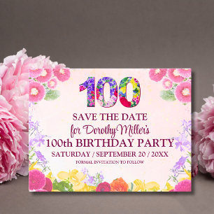 Carte Postale Floral 100e Anniversaire Save The Date, Pastel 100