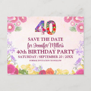 Carte Postale Floral 40th Birthday - Pastel 40 Enregistrer la da