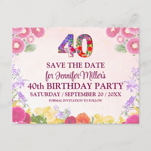 Carte Postale Floral 40th Birthday - Pastel 40 Enregistrer la da (Devant)