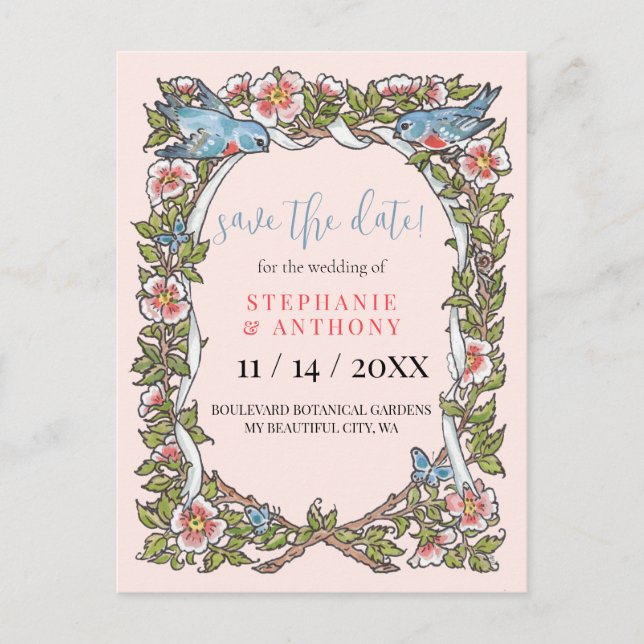 Carte Postale Floral Aquarelle Jardin Bleu Enregistrer Date Mari (Devant)