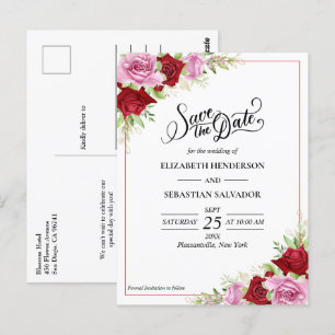 Carte Postale Floral Aquarelle Rose Mariage Enregistrer La Date