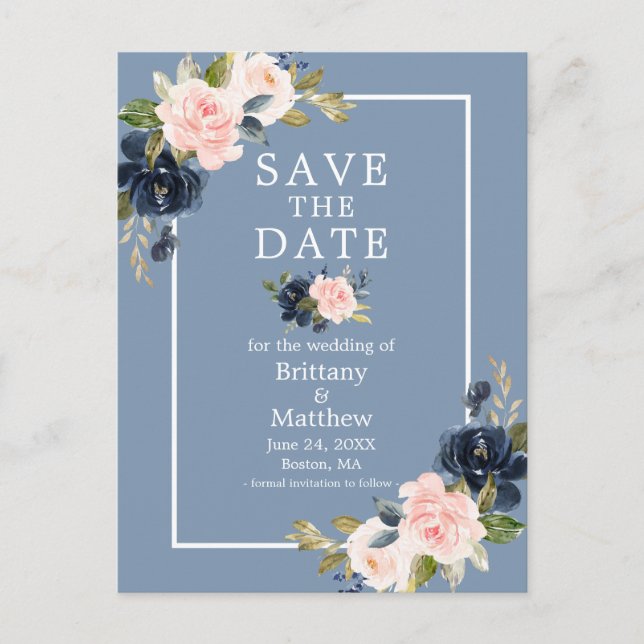 Carte Postale Floral bleu rose bleu foncé Enregistrer la date (Devant)