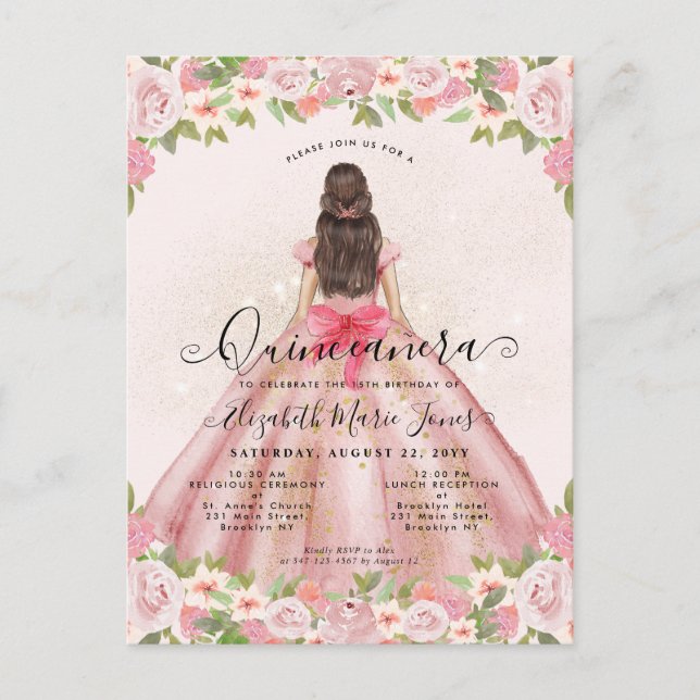 Carte Postale Floral Blush Pink Gold Glam Princess Quinceanera (Devant)