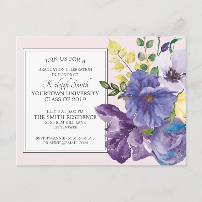 Carte Postale Floral d'aquarelle violet sur la fête de graduatio (Devant)