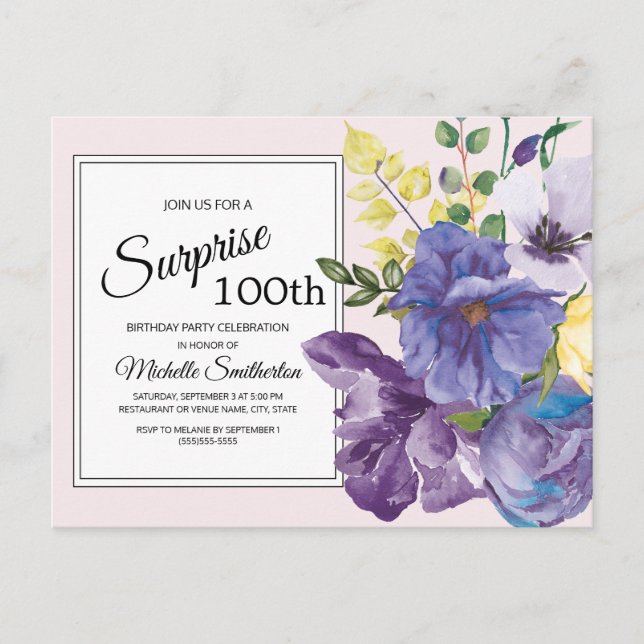 Carte Postale Floral d'aquarelle violette sur rose 100e annivers (Devant)