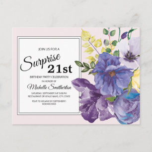 Carte Postale Floral d'aquarelle violette sur rose 21e anniversa