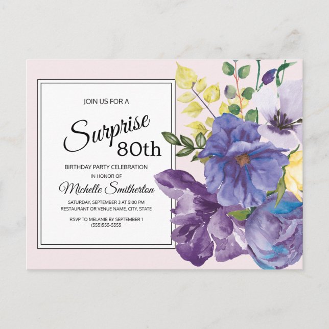 Carte Postale Floral d'aquarelle violette sur rose 80e anniversa (Devant)