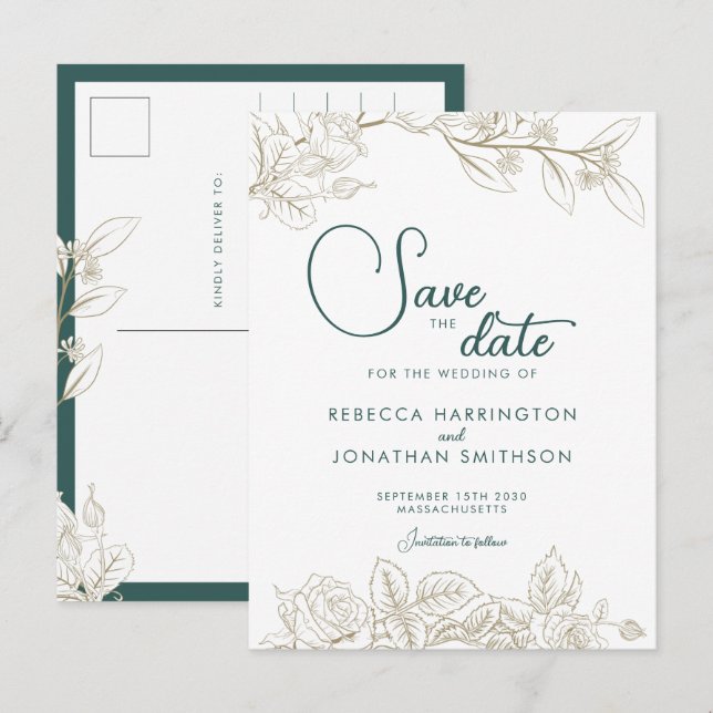 Carte Postale Floral Emerald Green Gold Wedding Enregistrer La D (Devant / Derrière)