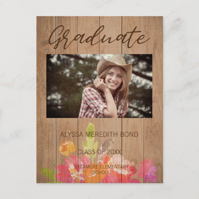 Carte Postale Floral Moderne Bois Rustique Graduation Photo (Devant)