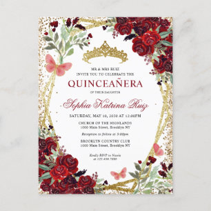 Carte Postale Floral moderne Bourgogne Rouge Or Tiara Quinceañer