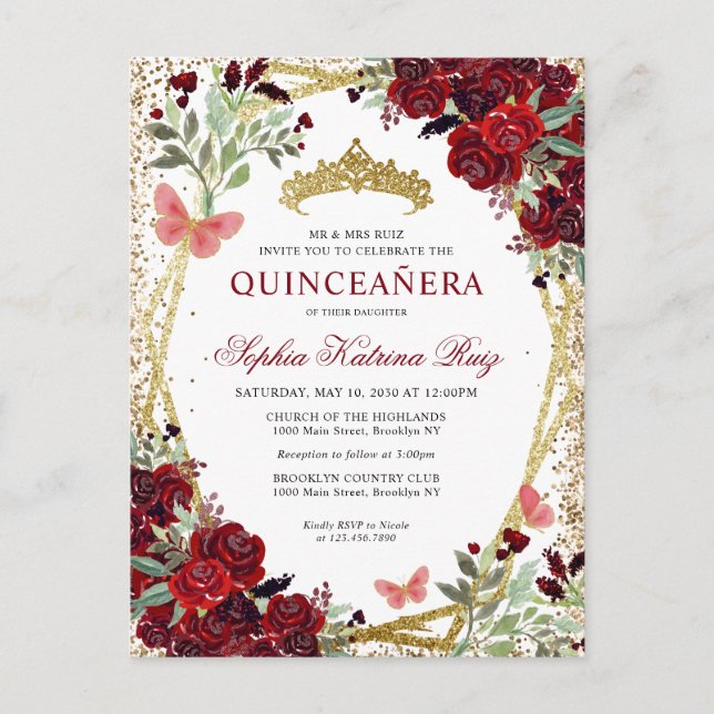 Carte Postale Floral moderne Bourgogne Rouge Or Tiara Quinceañer (Devant)