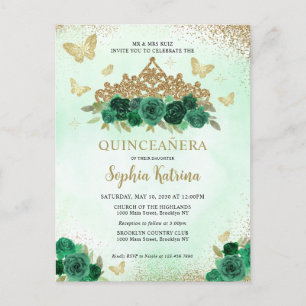 Carte Postale Floral moderne Emerald Vert Or Tiara Quinceañera