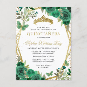Carte Postale Floral moderne Emerald Vert Or Tiara Quinceañera