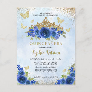 Carte Postale Floral moderne Royal Blue Gold Tiara Quinceañera
