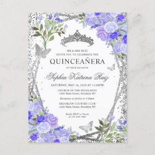 Carte Postale Floral moderne violet gris argenté Tiara Quinceañe