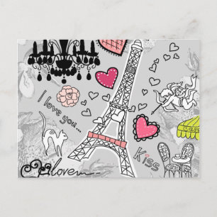 Carte Postale Floral Paris Eiffel Tour noir rose et gris