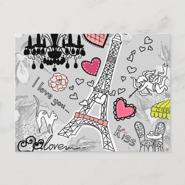 Carte Postale Floral Paris Eiffel Tour noir rose et gris (Devant)