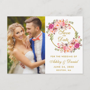 Carte Postale Floral Pink Wreath Gold Enregistrer la photo Date