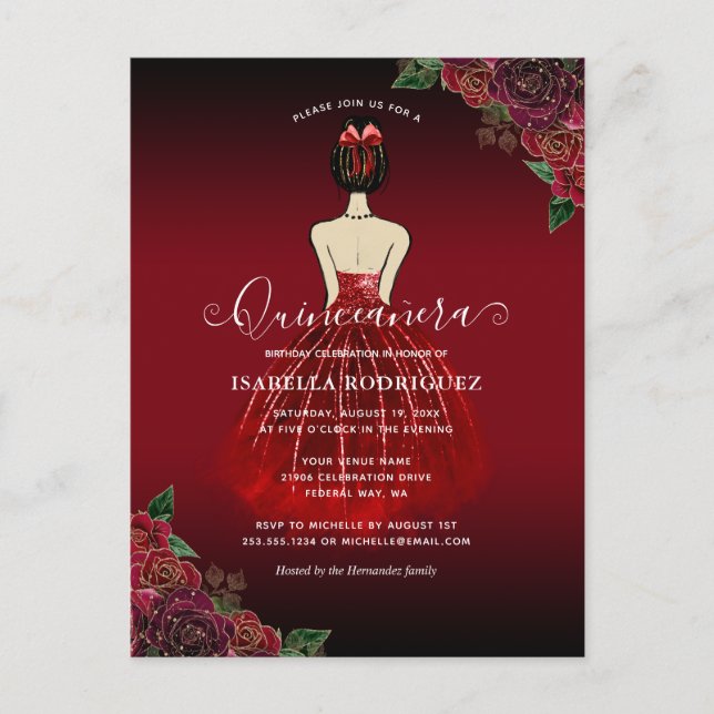 Carte Postale Floral Red Princess Gold Anniversaire Quinceañera (Devant)