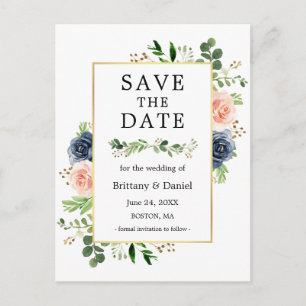 Carte Postale Floral Rose Bleu Dusty Enregistrer La Date