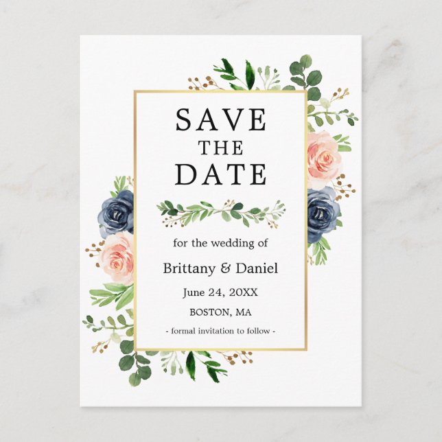 Carte Postale Floral Rose Bleu Dusty Enregistrer La Date (Devant)