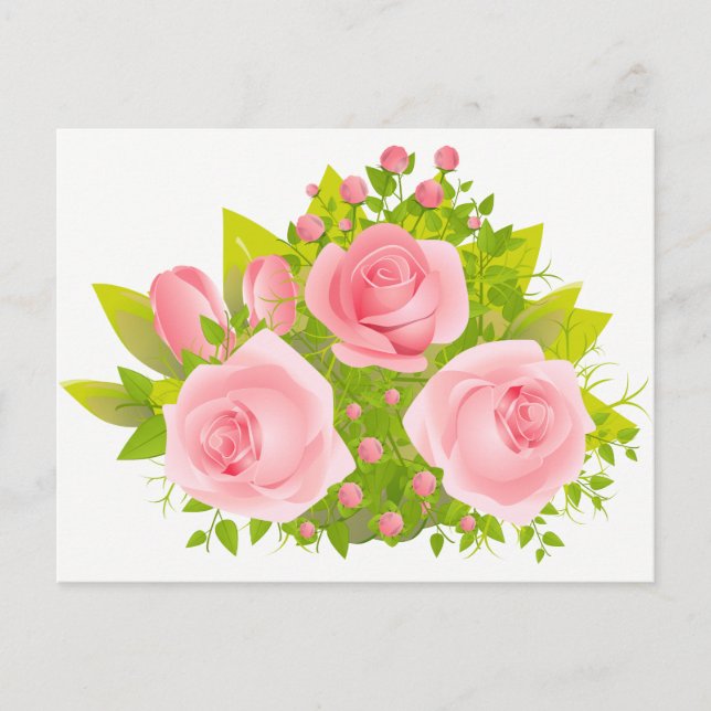 Carte Postale Floral Rose Rose Et Fleurs Vertes - Hello Love (Devant)