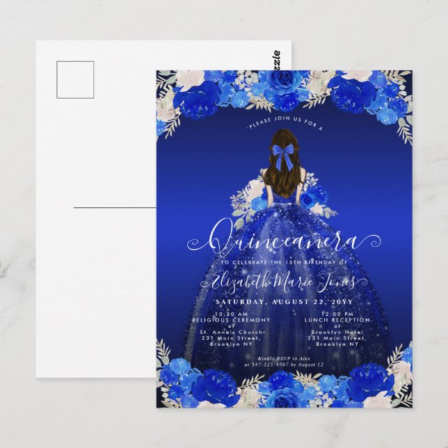 Carte Postale Floral Royal Blue Princess Robe Gown Quinceanera (Devant / Derrière)